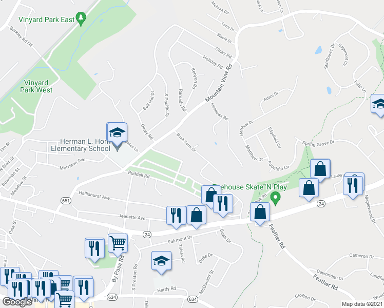 map of restaurants, bars, coffee shops, grocery stores, and more near 1607 Bush Farm Drive in Vinton