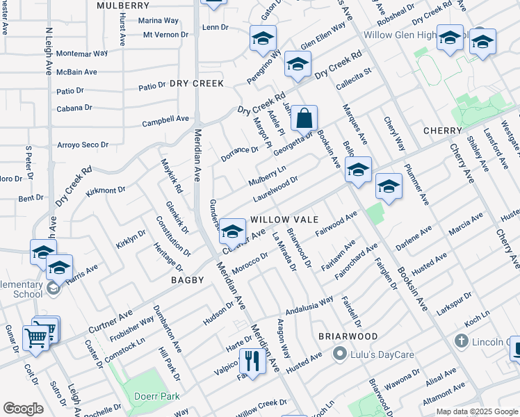 map of restaurants, bars, coffee shops, grocery stores, and more near 1715 Sweetbriar Drive in San Jose