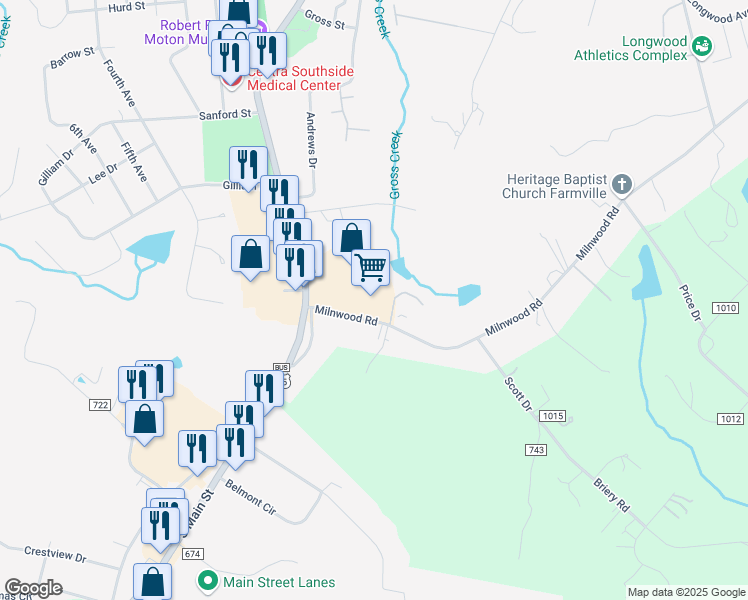 map of restaurants, bars, coffee shops, grocery stores, and more near 1592 South Main Street in Farmville