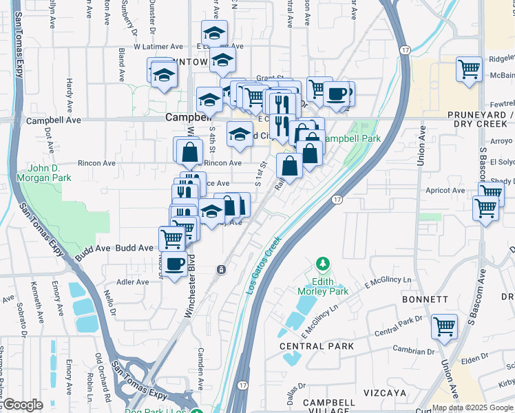 map of restaurants, bars, coffee shops, grocery stores, and more near 226 Sunnyside Avenue in Campbell
