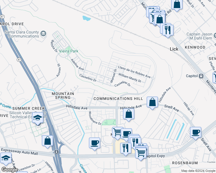 map of restaurants, bars, coffee shops, grocery stores, and more near 308 Casselino Drive in San Jose
