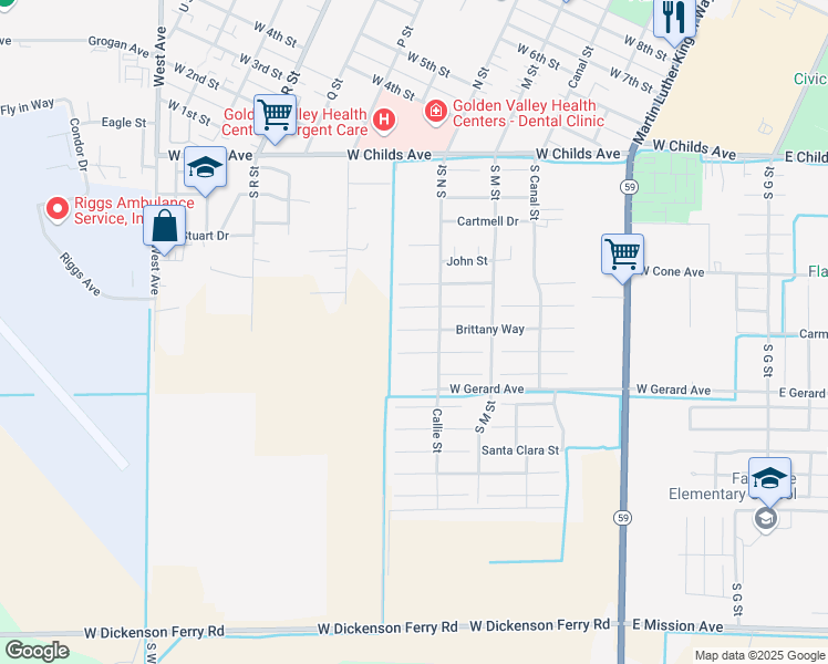 map of restaurants, bars, coffee shops, grocery stores, and more near 311 South N Street in Merced
