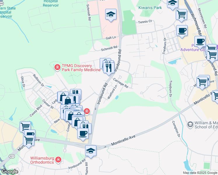 map of restaurants, bars, coffee shops, grocery stores, and more near 4380 Ironbound Rd in Williamsburg