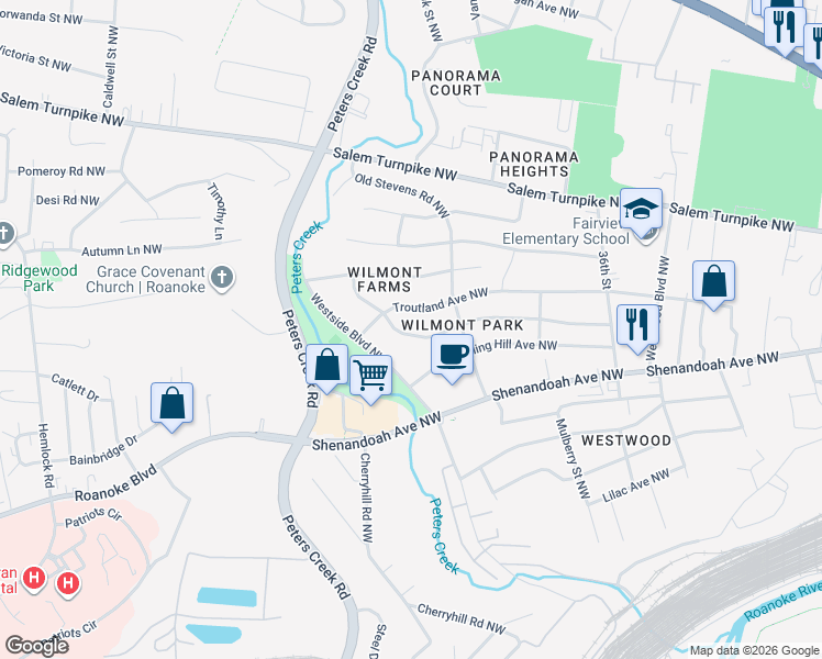 map of restaurants, bars, coffee shops, grocery stores, and more near 3856 Wilmont Avenue Northwest in Roanoke