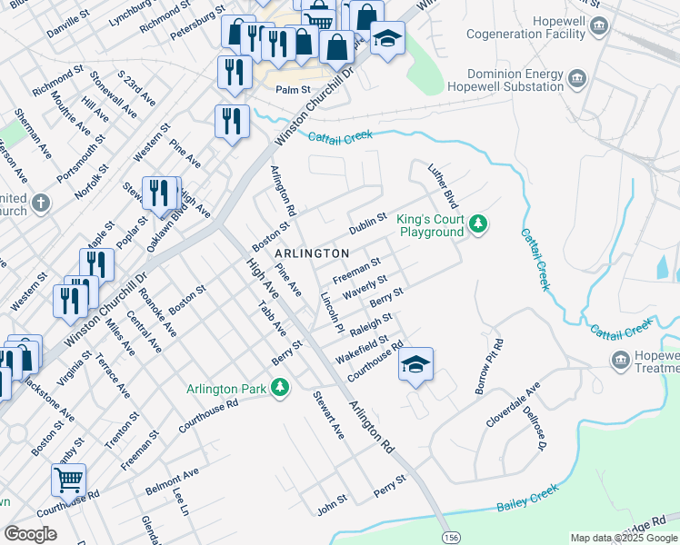 map of restaurants, bars, coffee shops, grocery stores, and more near 2403 Freeman Street in Hopewell