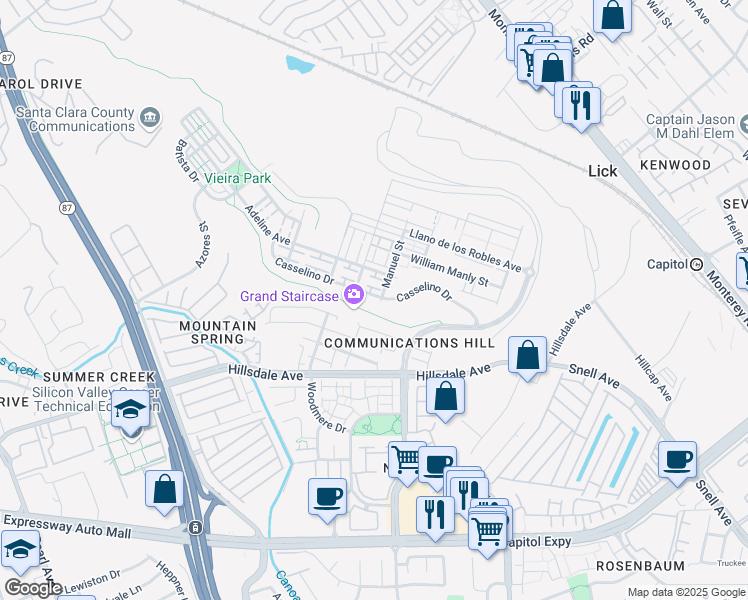 map of restaurants, bars, coffee shops, grocery stores, and more near 308 Casselino Drive in San Jose