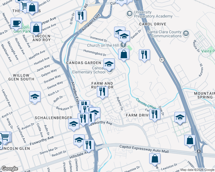 map of restaurants, bars, coffee shops, grocery stores, and more near 2959 Rubino Circle in San Jose