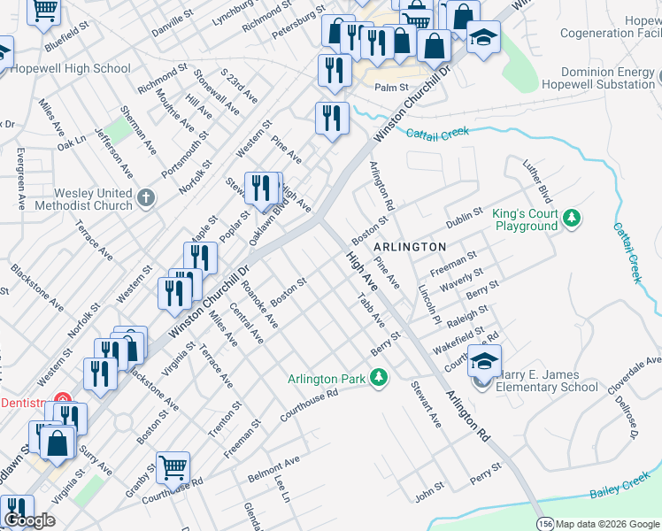 map of restaurants, bars, coffee shops, grocery stores, and more near 1204 Stewart Avenue in Hopewell