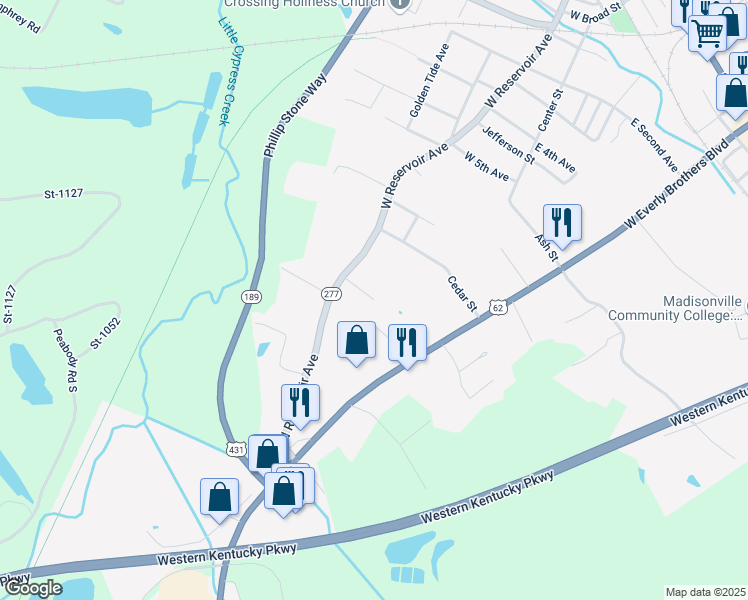 map of restaurants, bars, coffee shops, grocery stores, and more near 112 Tammy Drive in Central City
