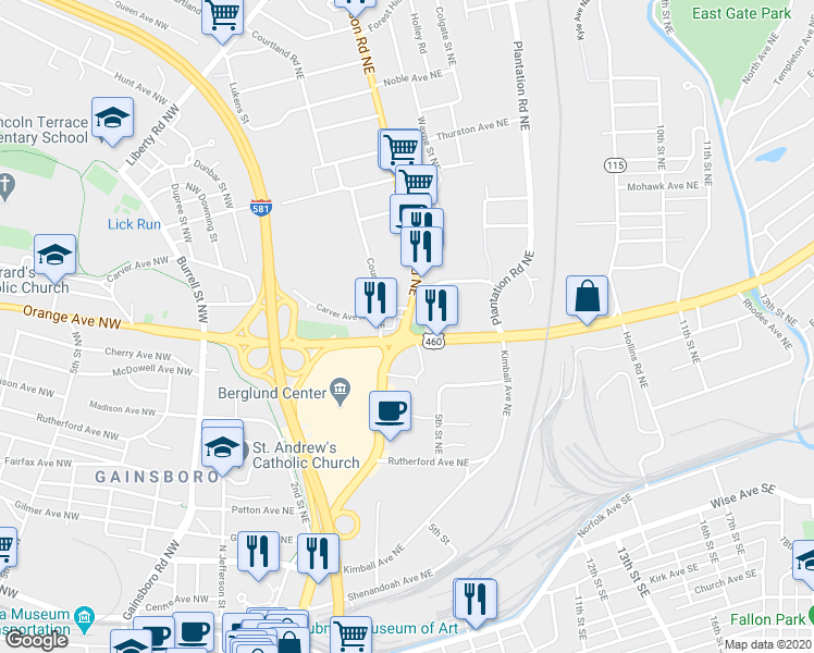 map of restaurants, bars, coffee shops, grocery stores, and more near 1231 Highway 116 in Roanoke