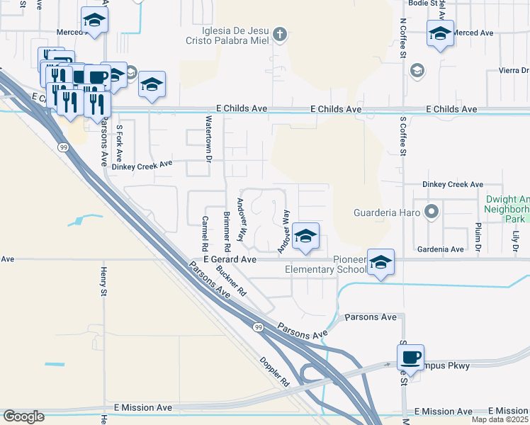 map of restaurants, bars, coffee shops, grocery stores, and more near 2499 East Gerard Avenue in Merced