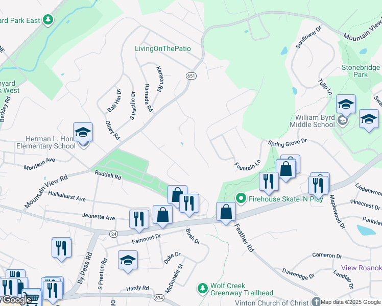 map of restaurants, bars, coffee shops, grocery stores, and more near 1745 Meadows Road in Vinton