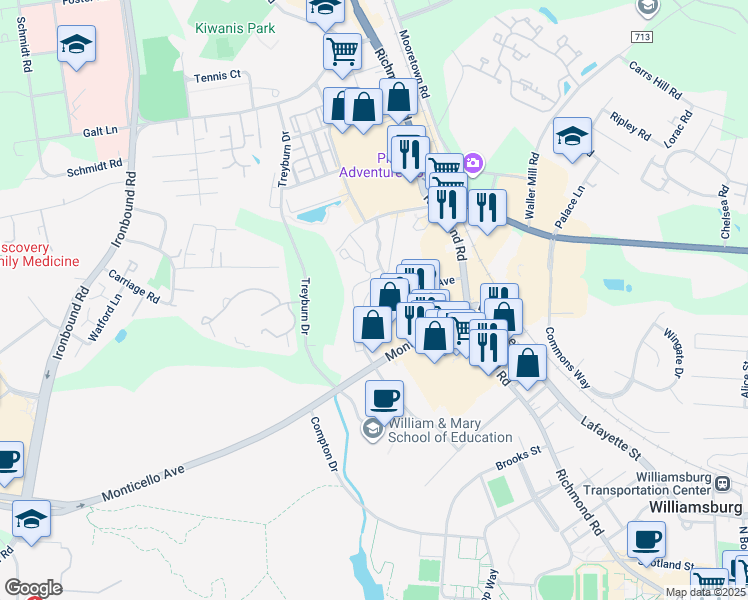 map of restaurants, bars, coffee shops, grocery stores, and more near 1344 South Mount Vernon Avenue in Williamsburg