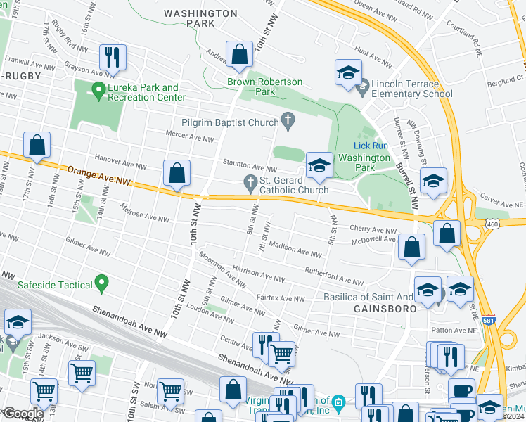 map of restaurants, bars, coffee shops, grocery stores, and more near 711 McDowell Avenue Northwest in Roanoke