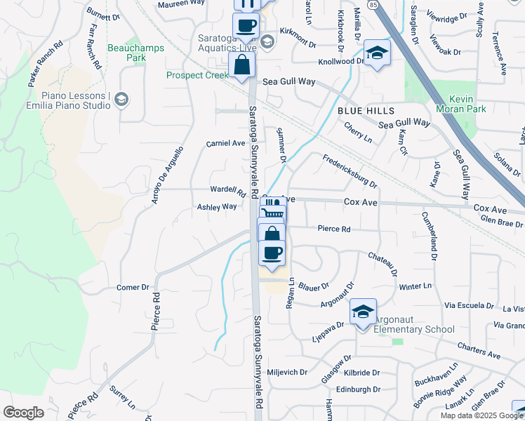 map of restaurants, bars, coffee shops, grocery stores, and more near 12795 Saratoga Sunnyvale Road in Saratoga