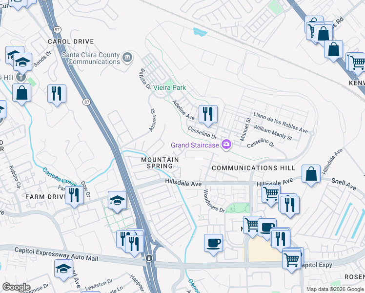 map of restaurants, bars, coffee shops, grocery stores, and more near 620 King George Avenue in San Jose
