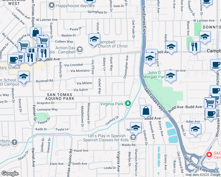 map of restaurants, bars, coffee shops, grocery stores, and more near 306 Wren Way in Campbell