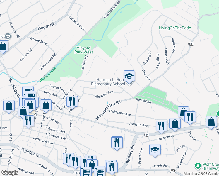 map of restaurants, bars, coffee shops, grocery stores, and more near 812-820 Morrison Avenue in Vinton