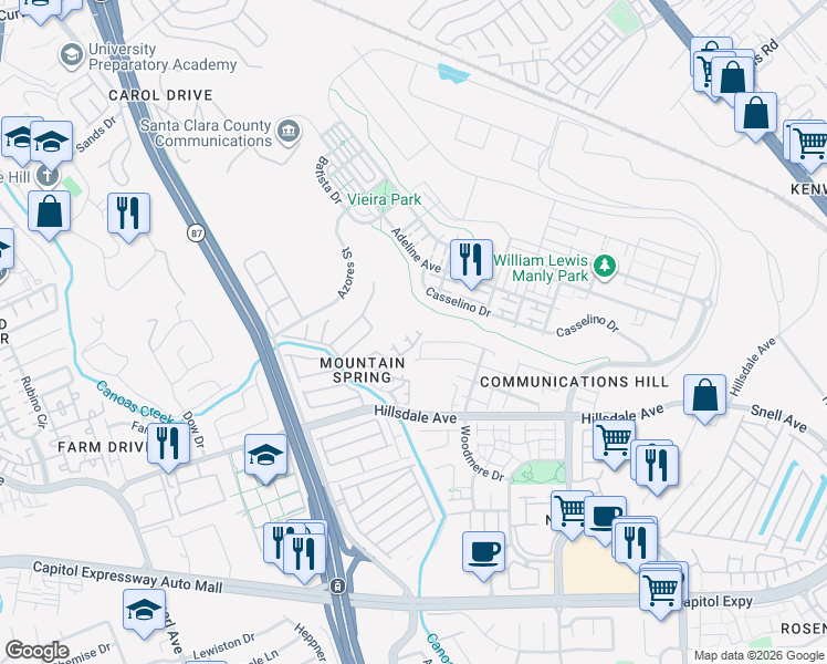 map of restaurants, bars, coffee shops, grocery stores, and more near 620 King George Avenue in San Jose