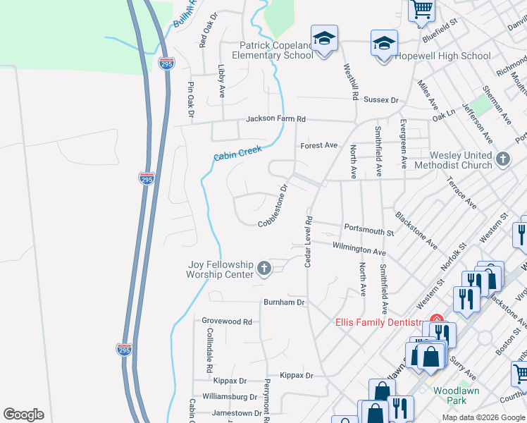 map of restaurants, bars, coffee shops, grocery stores, and more near 414 Cobblestone Drive in Hopewell