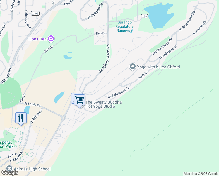 map of restaurants, bars, coffee shops, grocery stores, and more near 221 Jenkins Ranch Road in Durango