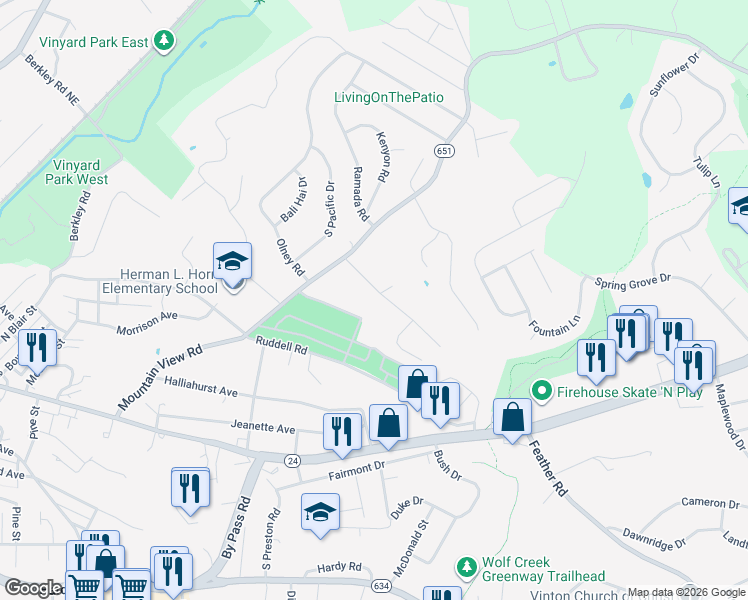 map of restaurants, bars, coffee shops, grocery stores, and more near 1607 Bush Farm Drive in Vinton