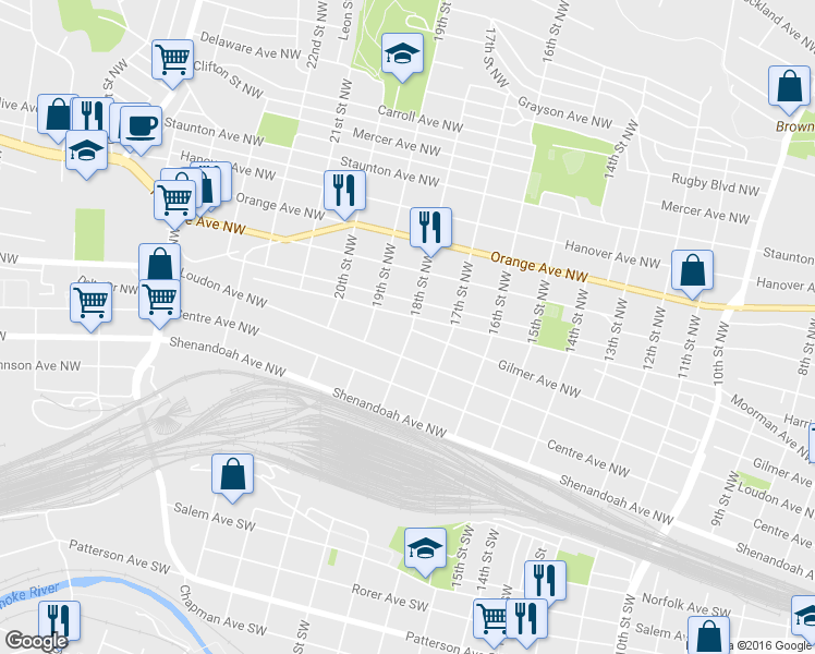 map of restaurants, bars, coffee shops, grocery stores, and more near 1802 Moorman Avenue Northwest in Roanoke