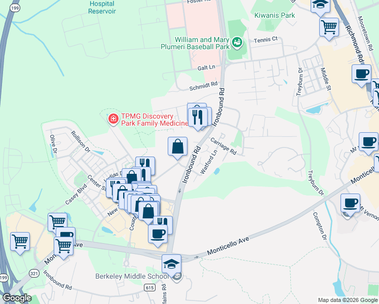 map of restaurants, bars, coffee shops, grocery stores, and more near 101 Glynn Springs Drive in Williamsburg