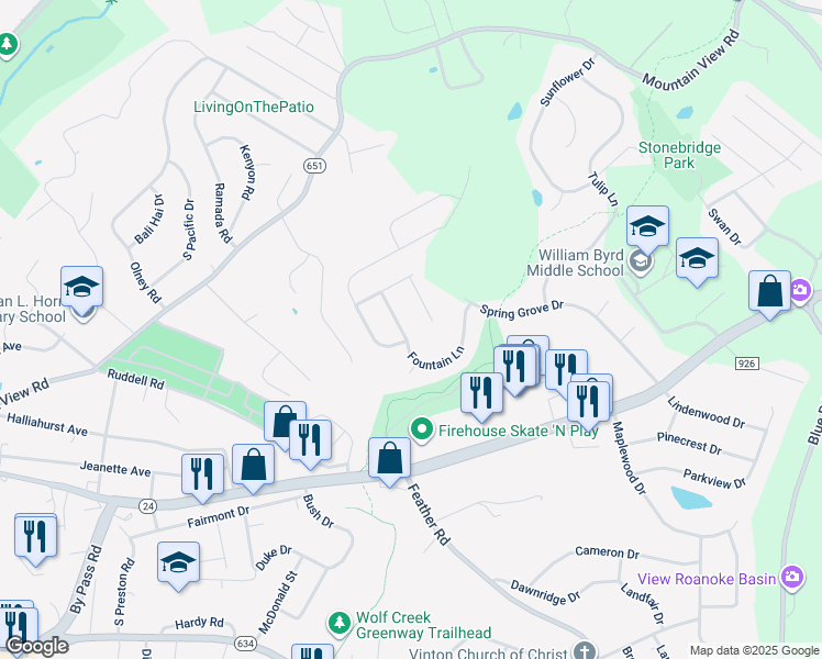 map of restaurants, bars, coffee shops, grocery stores, and more near 2705 Fountain Lane in Vinton