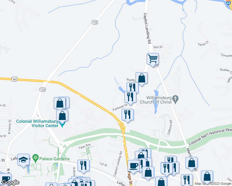 map of restaurants, bars, coffee shops, grocery stores, and more near 9 Forest Hill Drive in Williamsburg