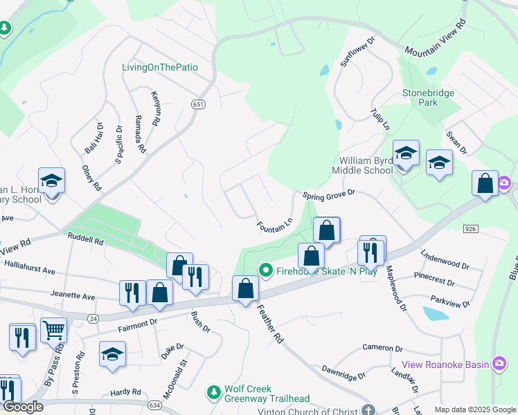 map of restaurants, bars, coffee shops, grocery stores, and more near 2705 Fountain Lane in Vinton