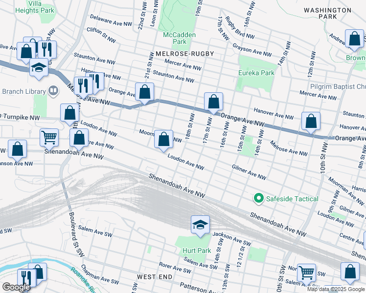 map of restaurants, bars, coffee shops, grocery stores, and more near 1802 Moorman Avenue Northwest in Roanoke