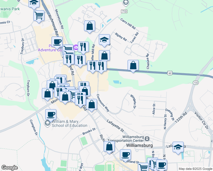 map of restaurants, bars, coffee shops, grocery stores, and more near 237 Commons Way in Williamsburg