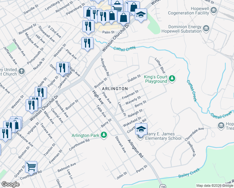 map of restaurants, bars, coffee shops, grocery stores, and more near 1403 Arlington Road in Hopewell