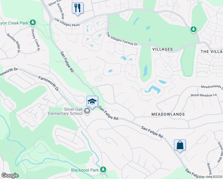 map of restaurants, bars, coffee shops, grocery stores, and more near 5845 Scenic Meadow Lane in San Jose