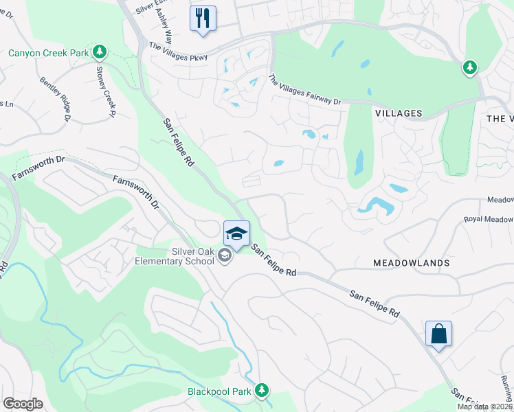 map of restaurants, bars, coffee shops, grocery stores, and more near 2603 Creekview Meadow Court in San Jose