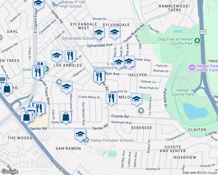 map of restaurants, bars, coffee shops, grocery stores, and more near 493 El Cajon Drive in San Jose