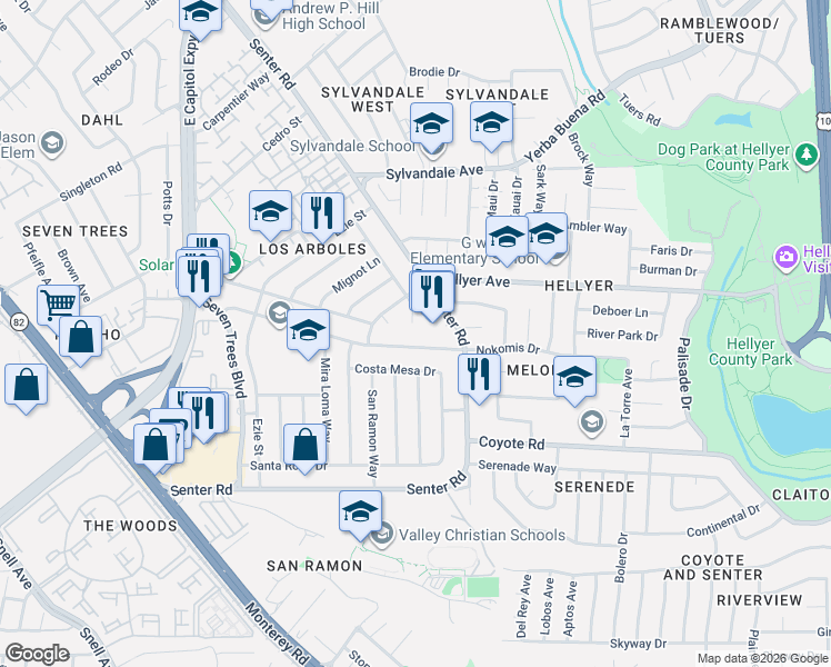 map of restaurants, bars, coffee shops, grocery stores, and more near 451 El Cajon Drive in San Jose