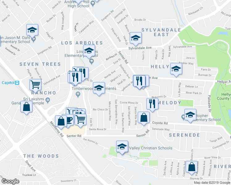 map of restaurants, bars, coffee shops, grocery stores, and more near 336 El Cajon Drive in San Jose