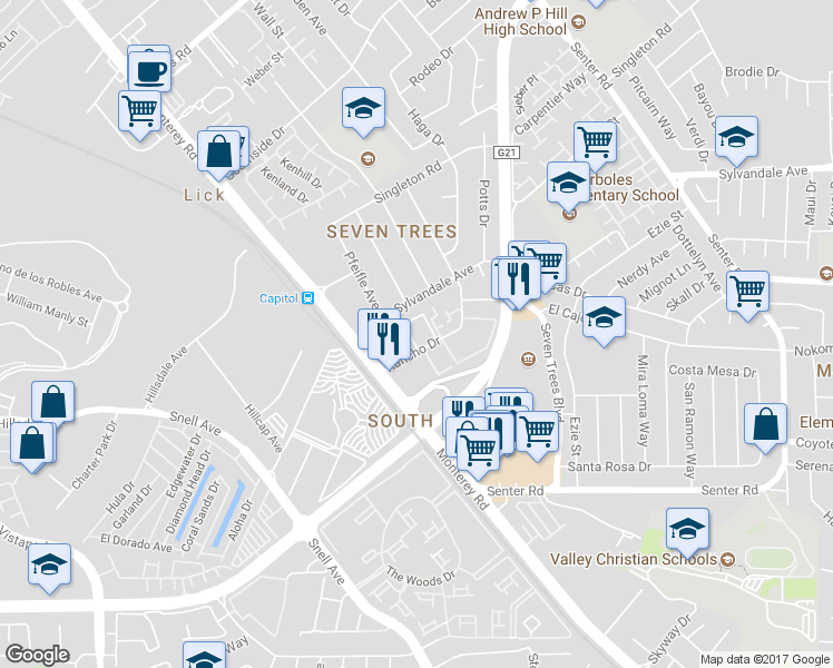 map of restaurants, bars, coffee shops, grocery stores, and more near in San Jose