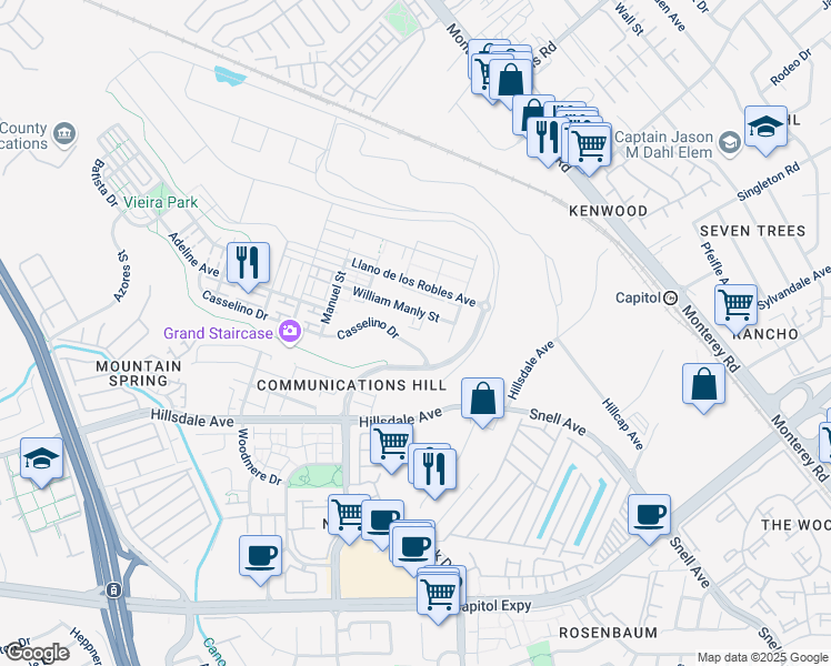 map of restaurants, bars, coffee shops, grocery stores, and more near 3052 San Jose Vineyard Court in San Jose