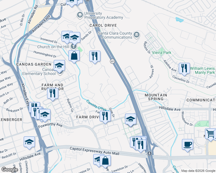 map of restaurants, bars, coffee shops, grocery stores, and more near 3012 Canoas Creek Court in San Jose