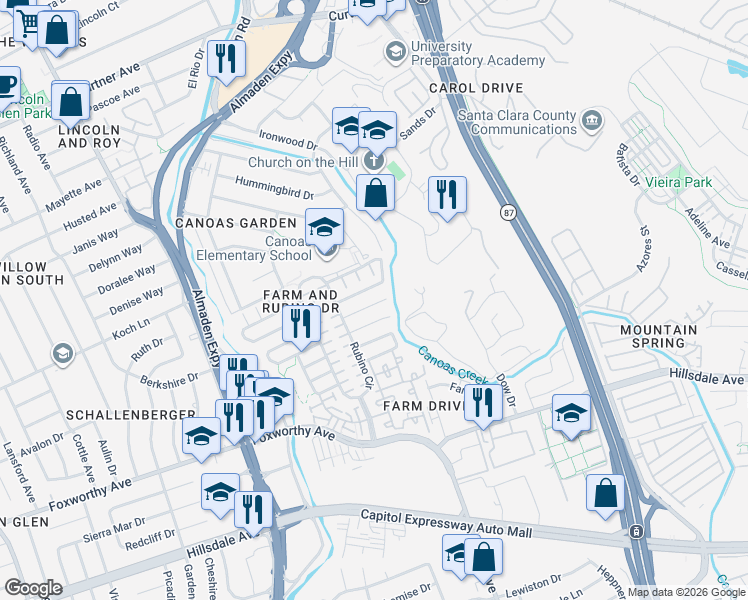 map of restaurants, bars, coffee shops, grocery stores, and more near 844 Dederick Court in San Jose