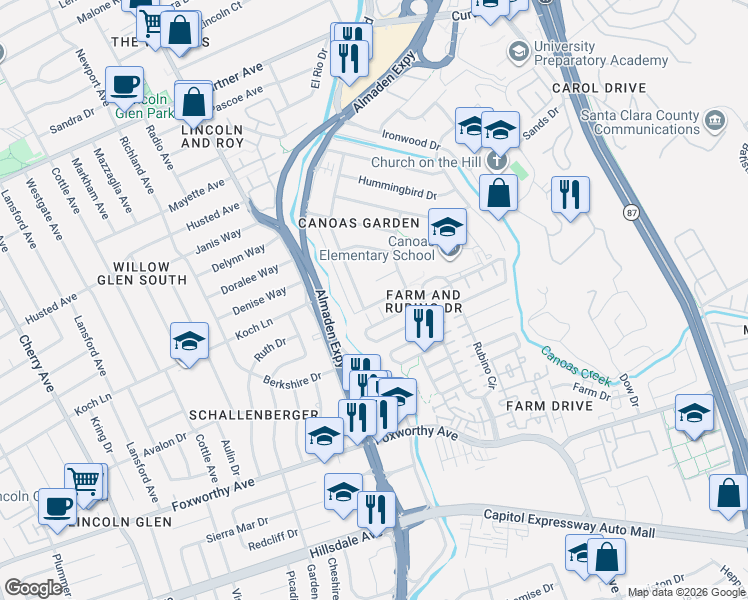 map of restaurants, bars, coffee shops, grocery stores, and more near 2767 Parasol Court in San Jose