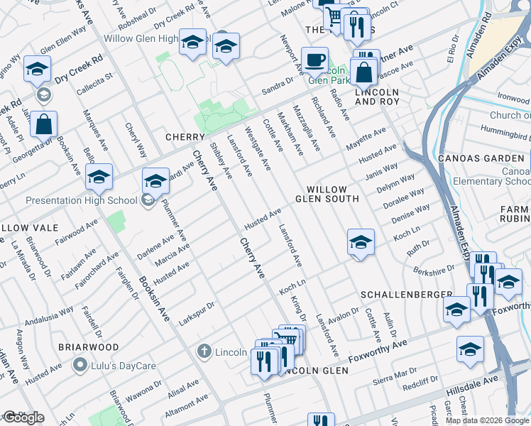 map of restaurants, bars, coffee shops, grocery stores, and more near 2509 Lansford Avenue in San Jose