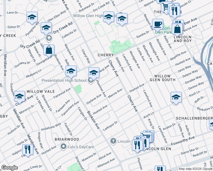 map of restaurants, bars, coffee shops, grocery stores, and more near 1510 Darlene Avenue in San Jose