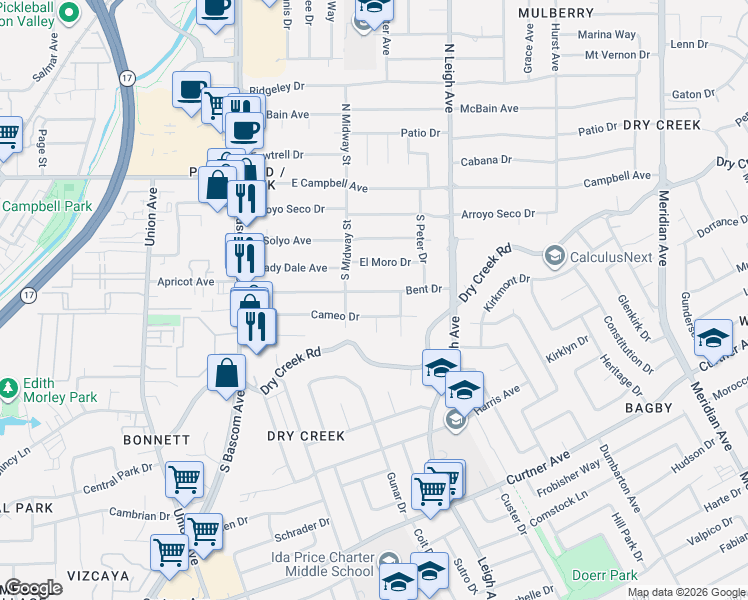 map of restaurants, bars, coffee shops, grocery stores, and more near 1325 Cameo Drive in Campbell