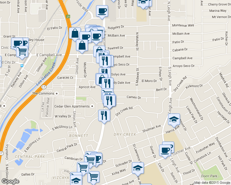 map of restaurants, bars, coffee shops, grocery stores, and more near 273 Moneta Way in Campbell