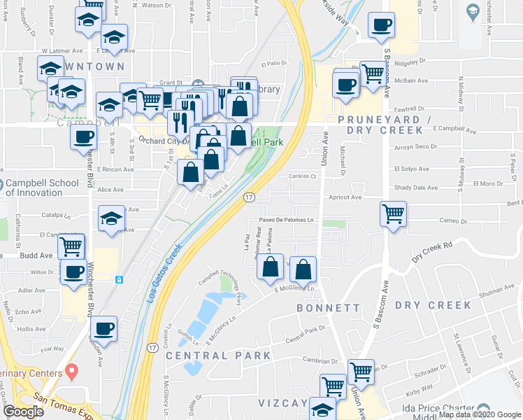 map of restaurants, bars, coffee shops, grocery stores, and more near 1875 South Bascom Avenue in Campbell