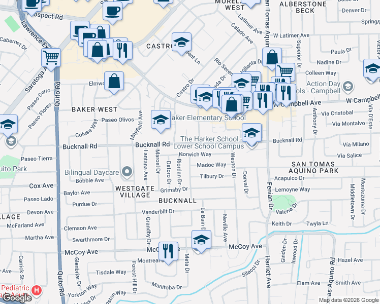 map of restaurants, bars, coffee shops, grocery stores, and more near 4592 Norwich Way in San Jose
